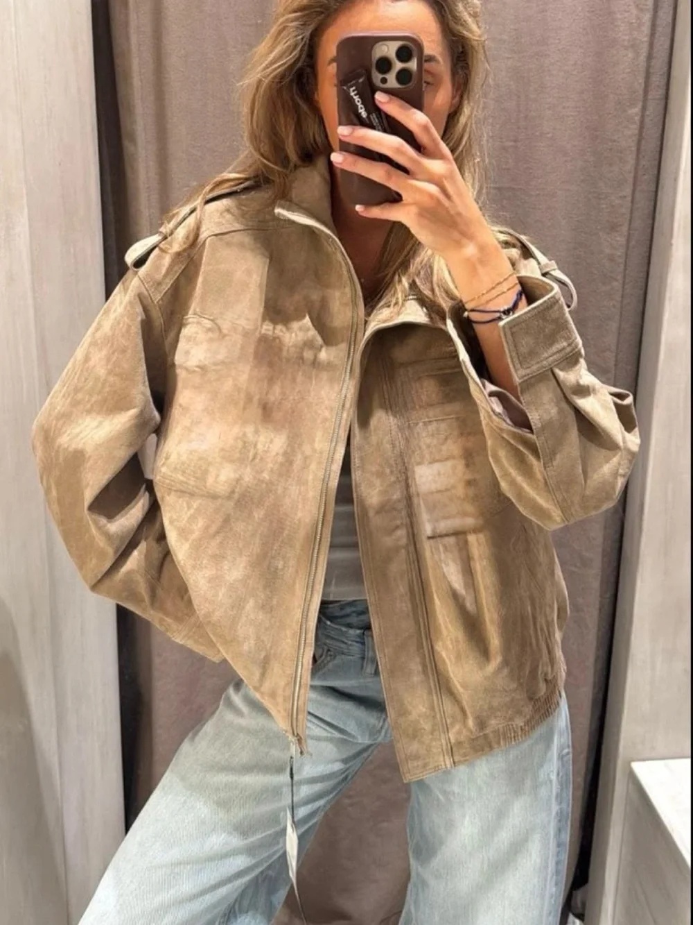Tan leather bomber jacket